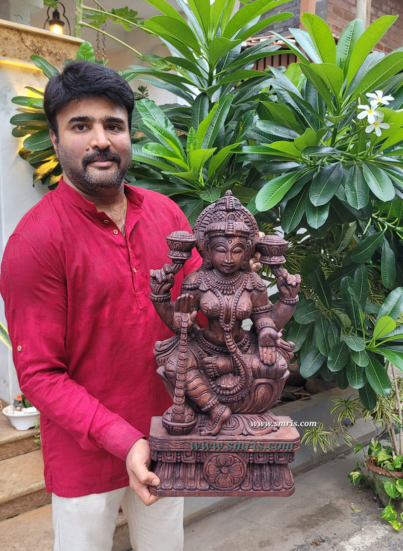 Goddess Lakshmi Wooden Statue Sculpture Idol Rosewood Colour 24 Inch Design 1 Vaagai Wooden Carving Pooja Idol Table Decor Traditional Chettinad Indian Handicrafts (24H x 12L x 4.5W Inches)