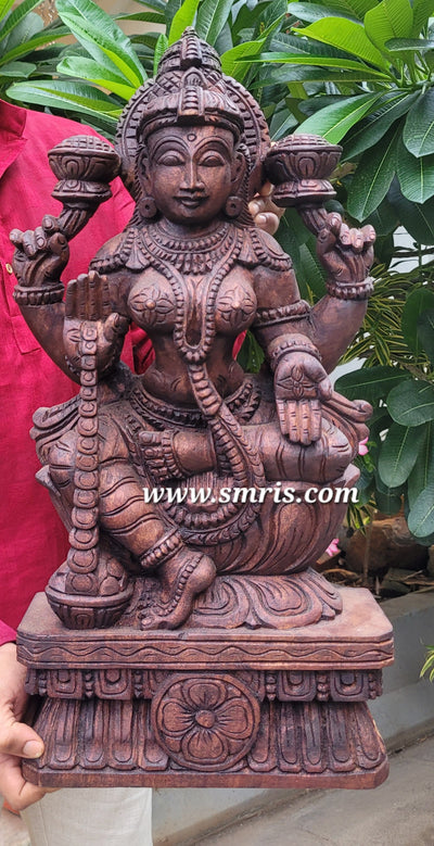Goddess Lakshmi Wooden Statue Sculpture Idol Rosewood Colour 24 Inch Design 1 Vaagai Wooden Carving Pooja Idol Table Decor Traditional Chettinad Indian Handicrafts (24H x 12L x 4.5W Inches)