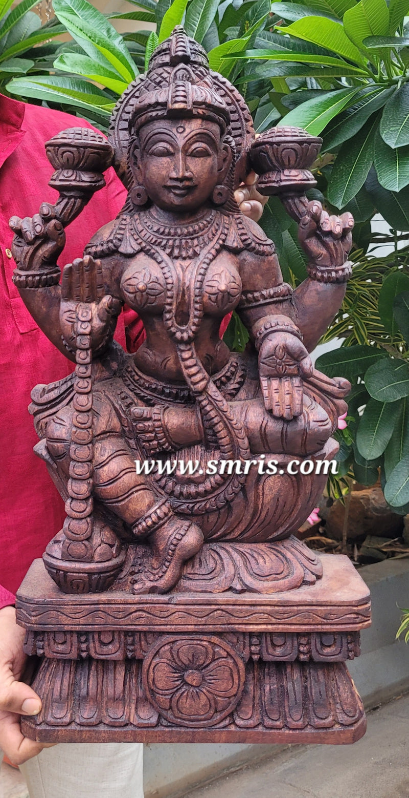 Goddess Lakshmi Wooden Statue Sculpture Idol Rosewood Colour 24 Inch Design 1 Vaagai Wooden Carving Pooja Idol Table Decor Traditional Chettinad Indian Handicrafts (24H x 12L x 4.5W Inches)