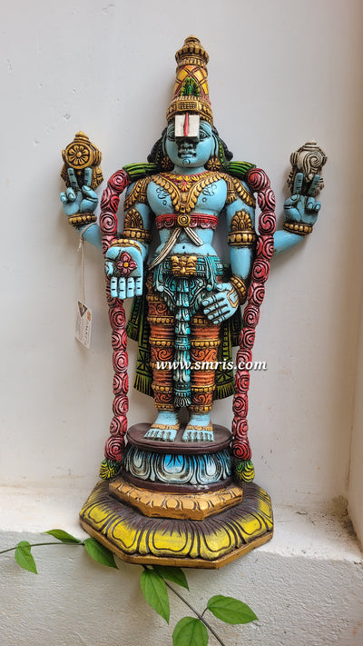 Lord Kalyana Balaji / Perumal Rosewood Colour Wooden Statue Idol 25 Inch Pooja Idol Table Decor Vaagai Wood Carving Traditional Indian Handicrafts (25H x 15L x 5.5W Inches)