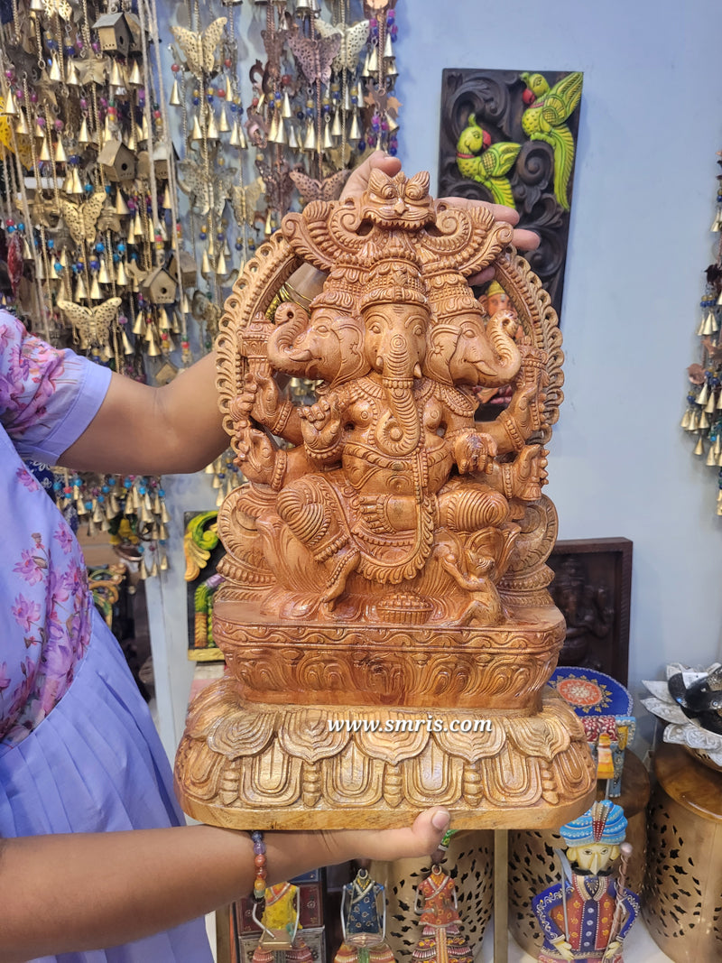 Lord Ganesha Three Face Vinayagar Wooden Statue Sculpture Idol Pooja Idol Table Decor Mahogany Wood Carving Traditional Chettinad Indian Handicrafts (20H x 13.5L x 5W inches)