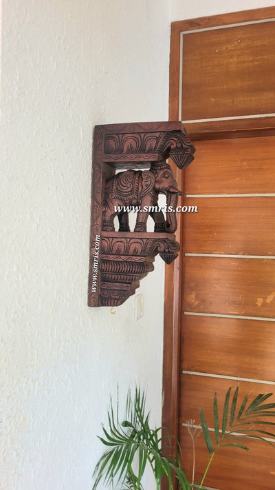 Majestic Elephant Wall Bracket / Corbel Natural Colour BIG double Bodhil Wood Carving Traditional Chettinad Handicrafts (18H x 9.5L x 3.5W Inches)