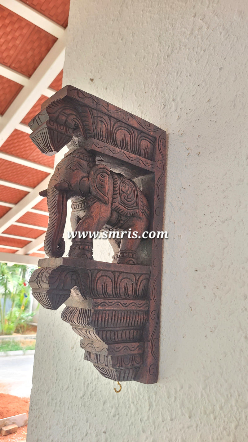 Majestic Elephant Wall Bracket / Corbel Natural Colour BIG double Bodhil Wood Carving Traditional Chettinad Handicrafts (18H x 9.5L x 3.5W Inches)