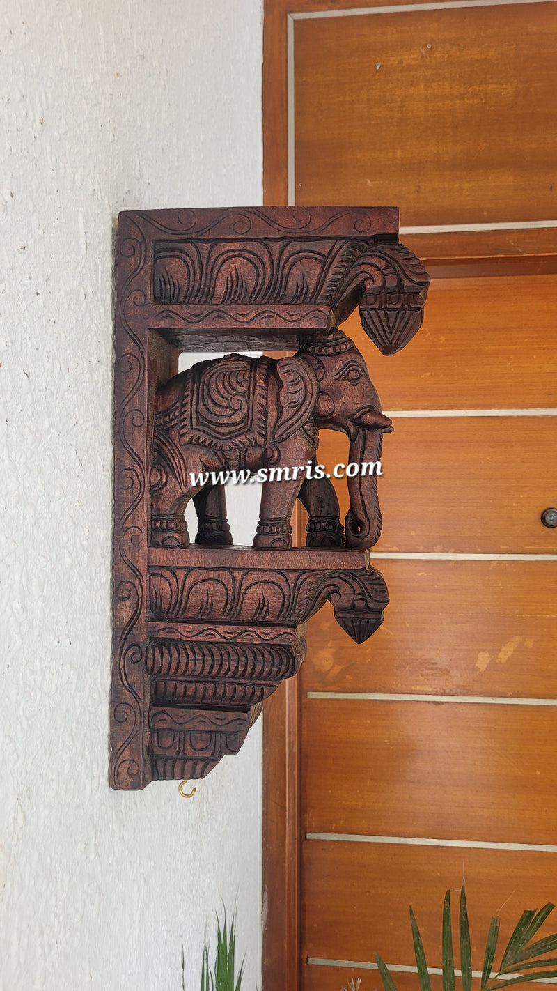 Majestic Elephant Wall Bracket / Corbel Natural Colour BIG double Bodhil Wood Carving Traditional Chettinad Handicrafts (18H x 9.5L x 3.5W Inches)