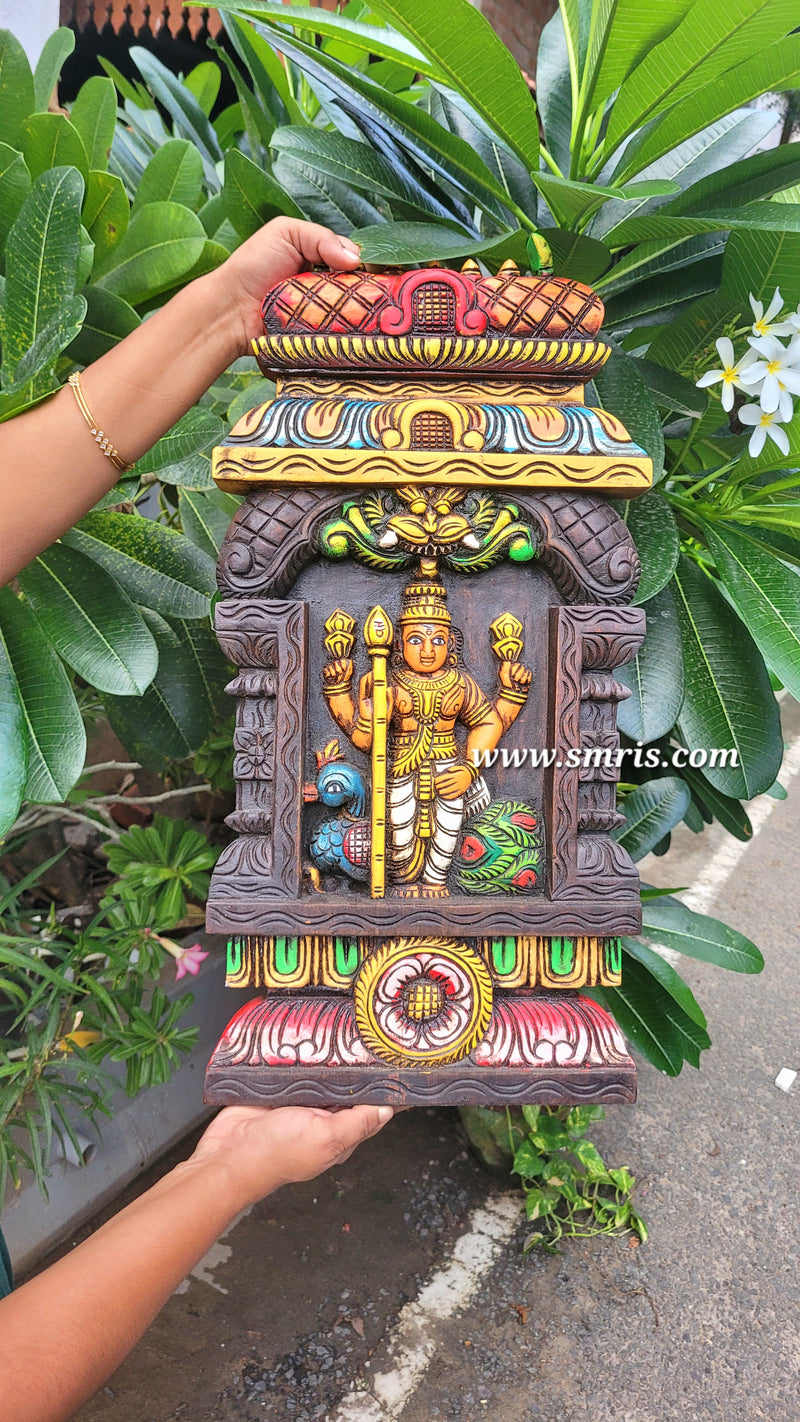 Vetrivel Murugar Kavadi With Gopuram Wood Carving Wall Panel With Peacock Yali Mahogany Wood Wall Hanging Traditional Chettinad Indian Handicrafts (24H x 12L x 2W Inches) Pooja Decor