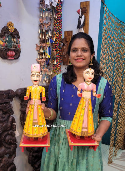 Gangaur Rajasthani Traditional Shiva Parvati Sivan Parvathi Subhamangalyam Yellow & Pink Show Piece Couple Pair Set Big (20H x 7L x 7W Inches)