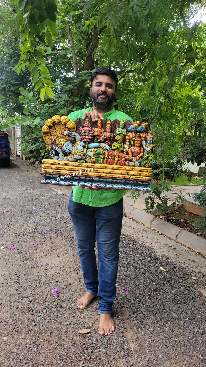 Ananthasayanam Ranganathar Perumal Vishnu Wall Panel / Padmanabhaswamy Frame Mahogany Wooden Carving Srirangam Temple Wall Decor Tamilnadu Indian Handicrafts (15 H x 24 L x 2 W inches)
