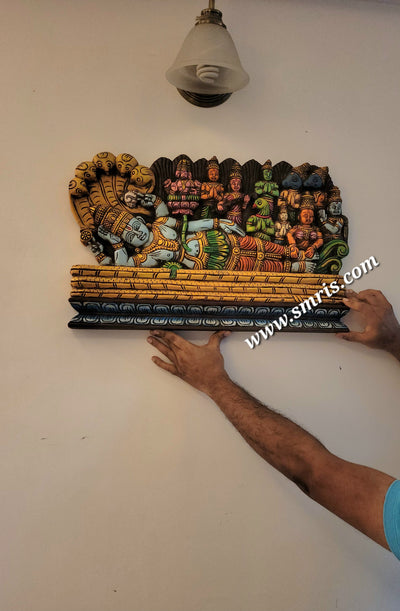 Ananthasayanam Ranganathar Perumal Vishnu Wall Panel / Padmanabhaswamy Frame Mahogany Wooden Carving Srirangam Temple Wall Decor Tamilnadu Indian Handicrafts (15 H x 24 L x 2 W inches)