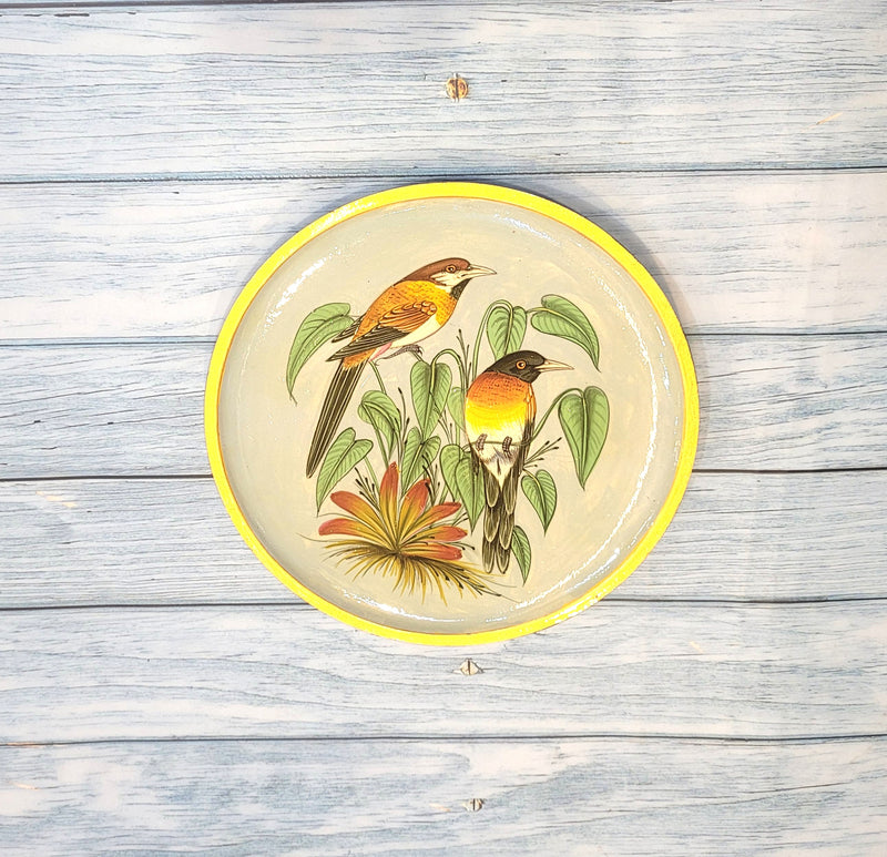 Wooden Pichwai Painting Wall Plate Hand Painted Sparrow Pair 8 Inch Design 1 Solid Wood Indian Handicrafts (8H x 8L x 1W Inches)