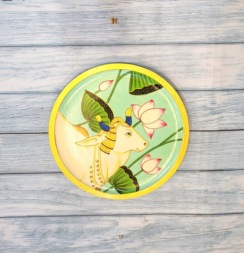 Wooden Pichwai Painting Wall Plate Hand Painted Cow Multicolour 8 Inch Design 8 Solid Wood Indian Handicrafts (8H x 8L x 1W Inches)