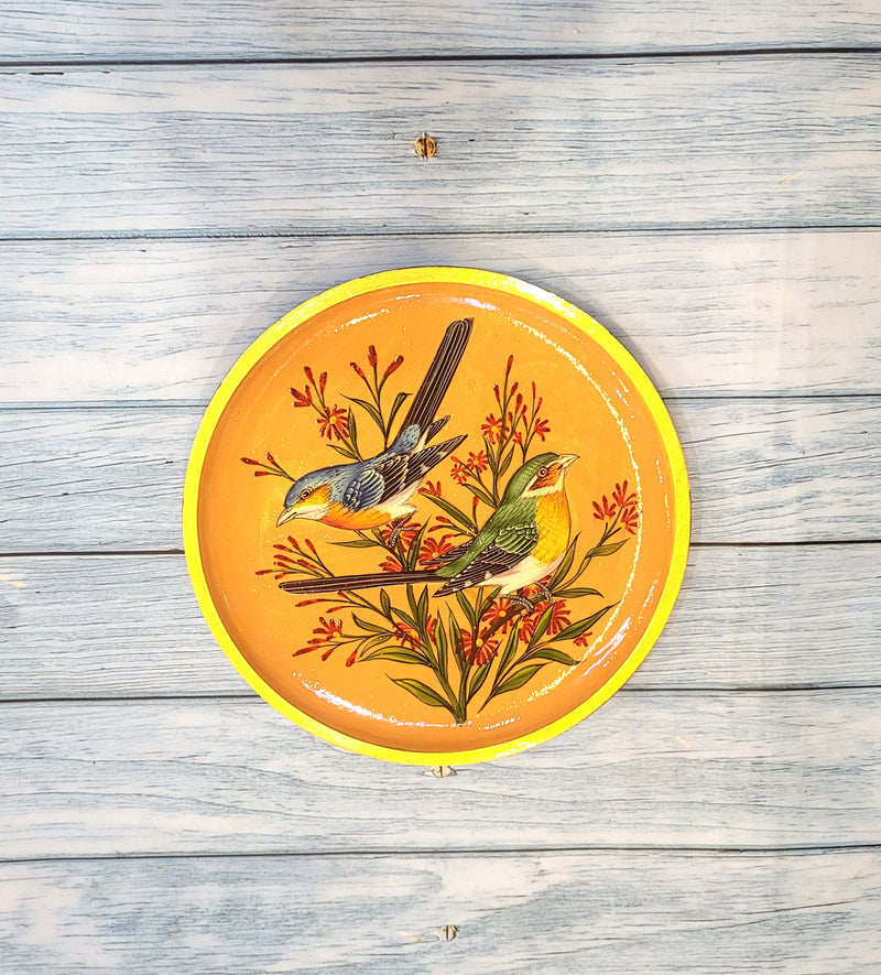 Wooden Pichwai Painting Wall Plate Hand Painted Sparrow Pair 8 Inch Design 1 Solid Wood Indian Handicrafts (8H x 8L x 1W Inches)