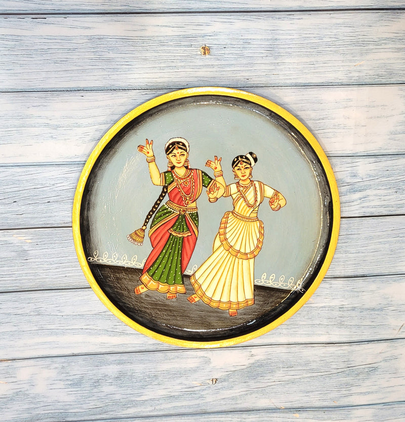 Wooden Pichwai Painting Wall Plate Hand Painted Featuring Two South Indian Dancers Multicolour 10 Inch Design 16 Solid Wood Indian Handicrafts (10H x 10L x 1W Inches)