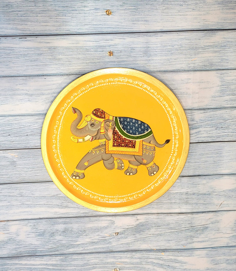Wooden Pichwai Painting Wall Plate Hand Painted Elephant Multicolour 10 Inch Design 15 Solid Wood Indian Handicrafts (10H x 10L x 1W Inches)