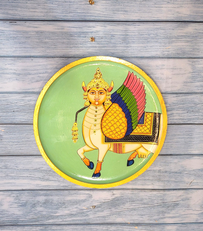 Wooden Pichwai Painting Wall Plate Hand Painted Kamadhenu Multicolour 10 Inch Design 8 Solid Wood Indian Handicrafts (10H x 10L x 1W Inches)