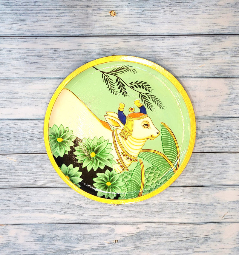Wooden Pichwai Painting Wall Plate Hand Painted Cow Multicolour 10 Inch Design 11 Solid Wood Indian Handicrafts (10H x 10L x 1W Inches)