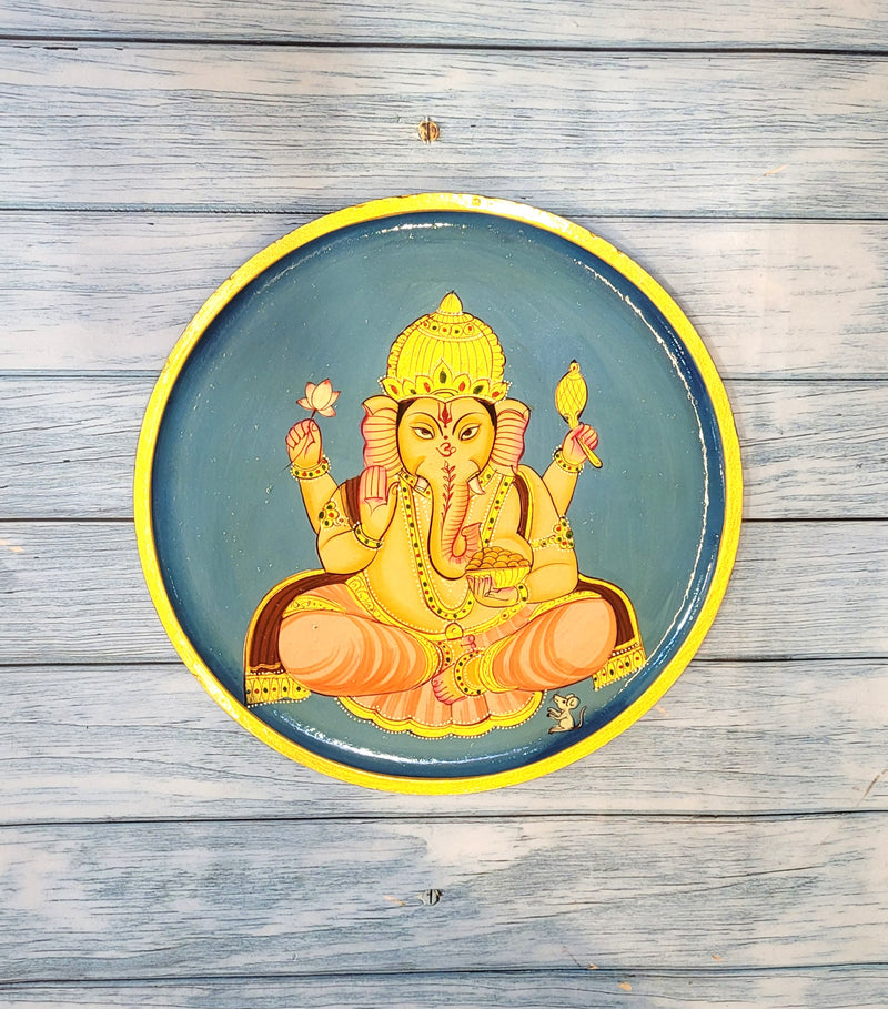 Wooden Pichwai Painting Wall Plate Hand Painted Ganesha Multicolour 10 Inch Design 13 Solid Wood Indian Handicrafts (10H x 10L x 1W Inches)