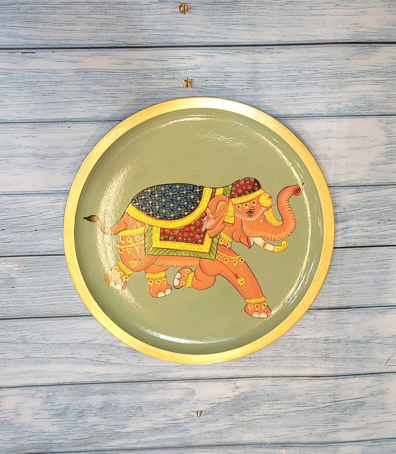 Wooden Pichwai Painting Wall Plate Hand Painted Elephant Multicolour 10 Inch Design 14 Solid Wood Indian Handicrafts (10H x 10L x 1W Inches)