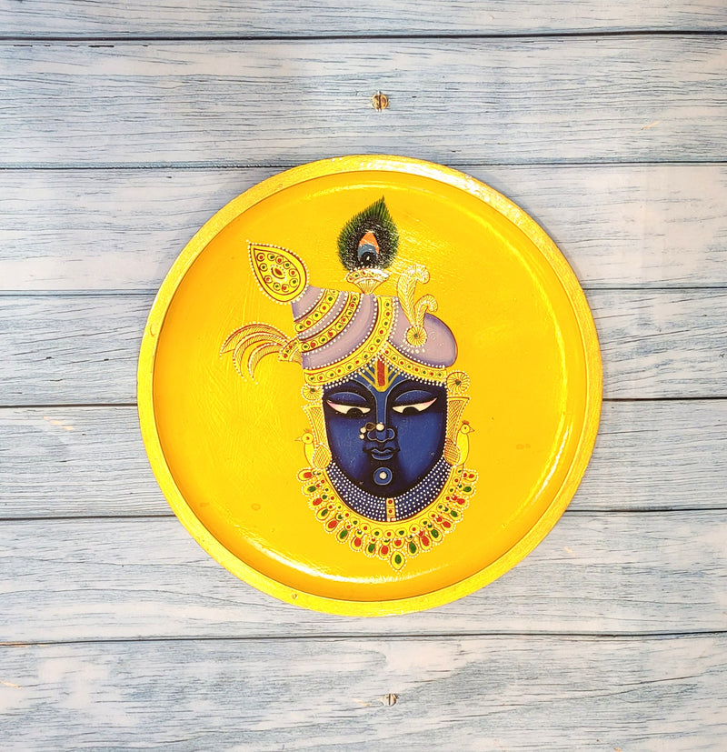 Wooden Wall Plate Round Yellow Jaganath Shrinathji Perumal original  Pichawai Painting wall decor ( 9.5 H* 9.5 L* 1 W ) Inches