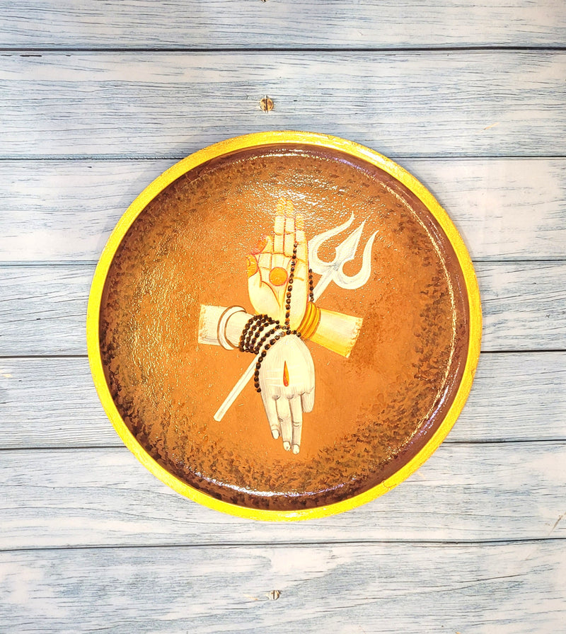 Wooden Pichwai Painting Wall Plate Hand Painted Hand Holding a Trishul And Damaru 10 Inch Design 7 Solid Wood Indian Handicrafts (10H x 10L x 1W Inches)