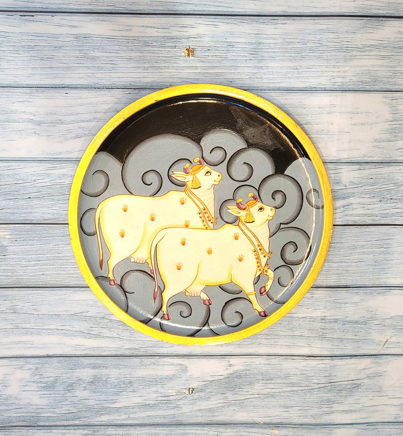 Wooden Pichwai Painting Wall Plate Hand Painted Two Cow Multicolour 10 Inch Design 10 Solid Wood Indian Handicrafts (10H x 10L x 1W Inches)