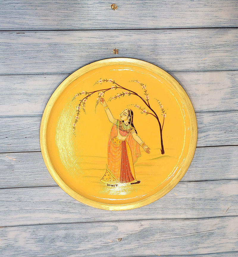 Wooden Pichwai Painting Wall Plate Hand Painted Standing Women Yellow 10 Inch Design 12 Solid Wood Indian Handicrafts (10H x 10L x 1W Inches)