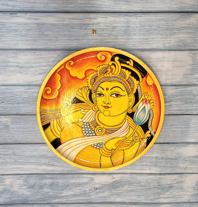 Wooden Pichwai Painting Wall Plate Hand Painted Kerala Mural Style Multicolour 10 Inch Design 9 Solid Wood Indian Handicrafts (10H x 10L x 1W Inches)