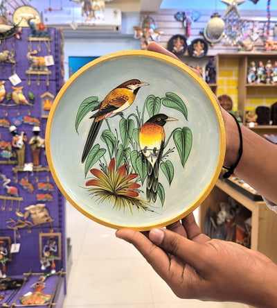 Wooden Pichwai Painting Wall Plate Hand Painted Sparrow Pair 8 Inch Design 1 Solid Wood Indian Handicrafts (8H x 8L x 1W Inches)