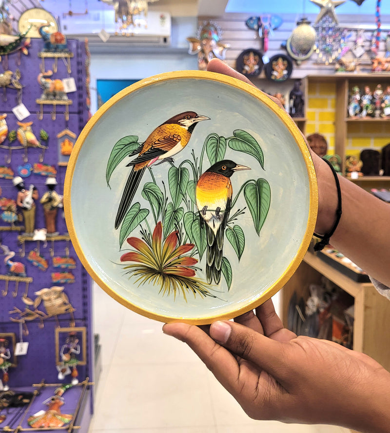 Wooden Pichwai Painting Wall Plate Hand Painted Sparrow Pair 8 Inch Design 1 Solid Wood Indian Handicrafts (8H x 8L x 1W Inches)