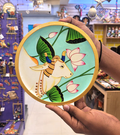 Wooden Pichwai Painting Wall Plate Hand Painted Cow Multicolour 8 Inch Design 8 Solid Wood Indian Handicrafts (8H x 8L x 1W Inches)