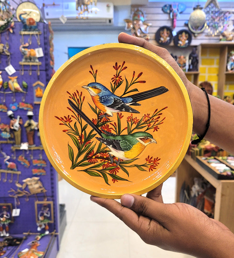 Wooden Pichwai Painting Wall Plate Hand Painted Sparrow Pair 8 Inch Design 1 Solid Wood Indian Handicrafts (8H x 8L x 1W Inches)