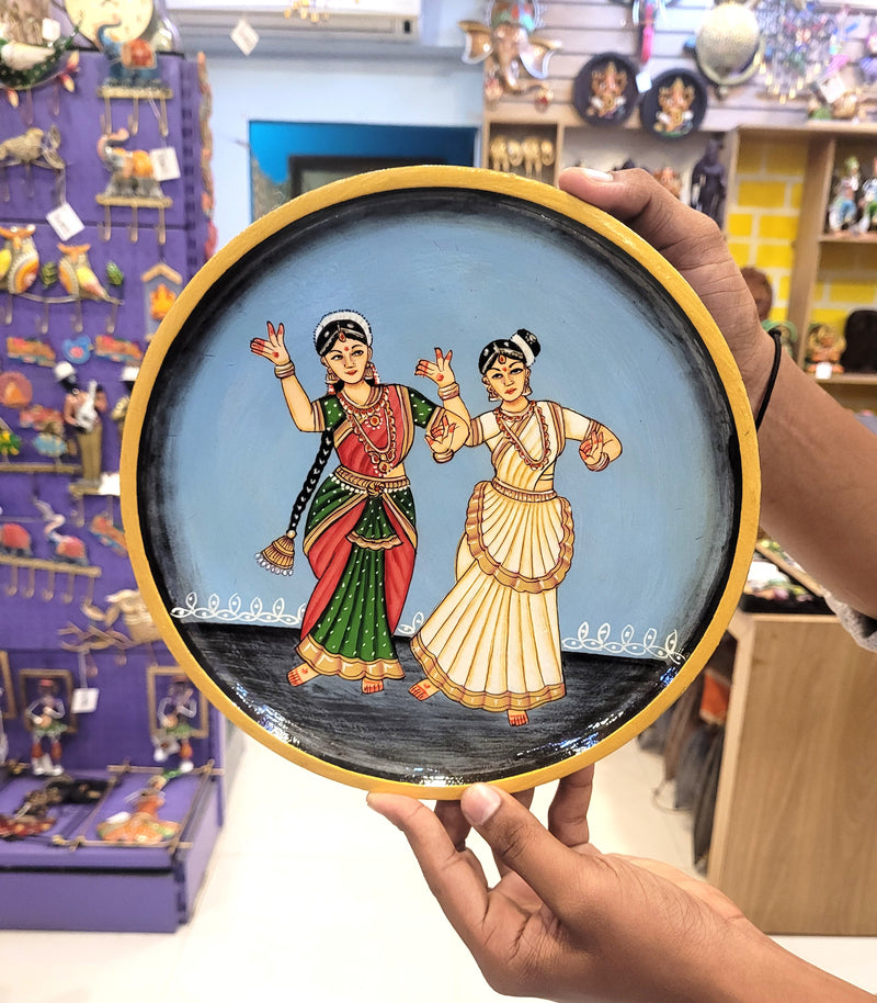 Wooden Pichwai Painting Wall Plate Hand Painted Featuring Two South Indian Dancers Multicolour 10 Inch Design 16 Solid Wood Indian Handicrafts (10H x 10L x 1W Inches)