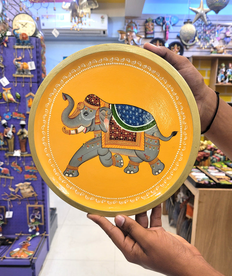 Wooden Pichwai Painting Wall Plate Hand Painted Elephant Multicolour 10 Inch Design 15 Solid Wood Indian Handicrafts (10H x 10L x 1W Inches)