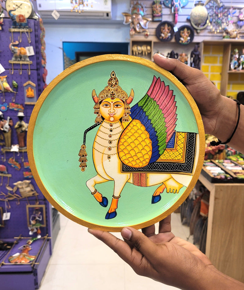 Wooden Pichwai Painting Wall Plate Hand Painted Kamadhenu Multicolour 10 Inch Design 8 Solid Wood Indian Handicrafts (10H x 10L x 1W Inches)