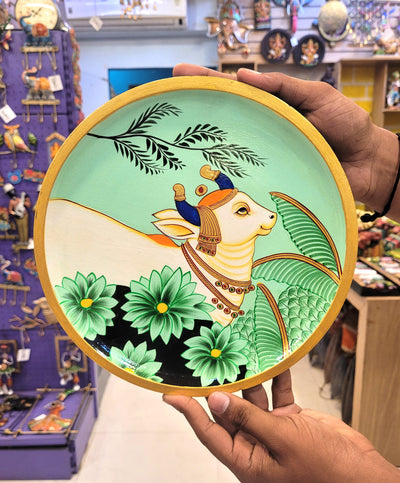 Wooden Pichwai Painting Wall Plate Hand Painted Cow Multicolour 10 Inch Design 11 Solid Wood Indian Handicrafts (10H x 10L x 1W Inches)