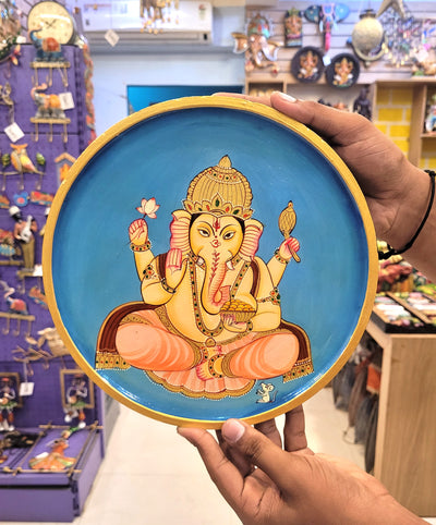 Wooden Pichwai Painting Wall Plate Hand Painted Ganesha Multicolour 10 Inch Design 13 Solid Wood Indian Handicrafts (10H x 10L x 1W Inches)