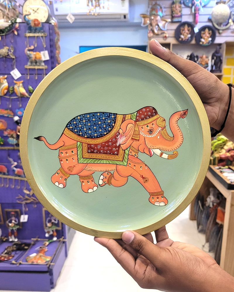 Wooden Pichwai Painting Wall Plate Hand Painted Elephant Multicolour 10 Inch Design 14 Solid Wood Indian Handicrafts (10H x 10L x 1W Inches)