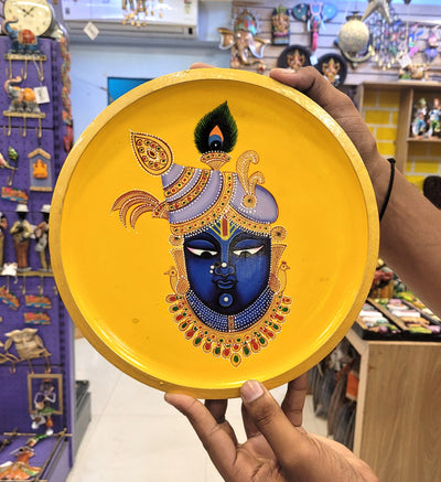 Wooden Wall Plate Round Yellow Jaganath Shrinathji Perumal original  Pichawai Painting wall decor ( 9.5 H* 9.5 L* 1 W ) Inches
