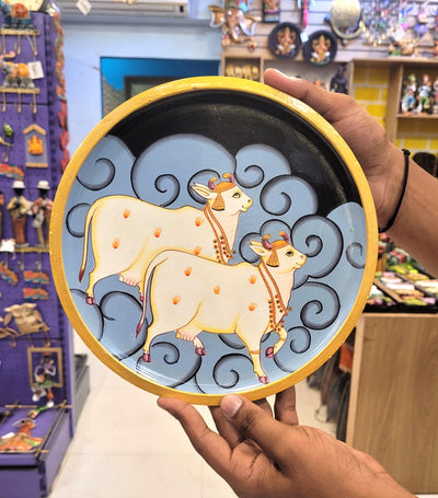 Wooden Pichwai Painting Wall Plate Hand Painted Two Cow Multicolour 10 Inch Design 10 Solid Wood Indian Handicrafts (10H x 10L x 1W Inches)
