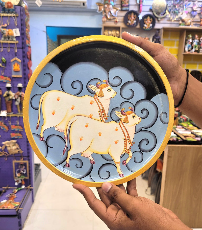 Wooden Pichwai Painting Wall Plate Hand Painted Two Cow Multicolour 10 Inch Design 10 Solid Wood Indian Handicrafts (10H x 10L x 1W Inches)