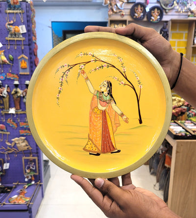 Wooden Pichwai Painting Wall Plate Hand Painted Standing Women Yellow 10 Inch Design 12 Solid Wood Indian Handicrafts (10H x 10L x 1W Inches)