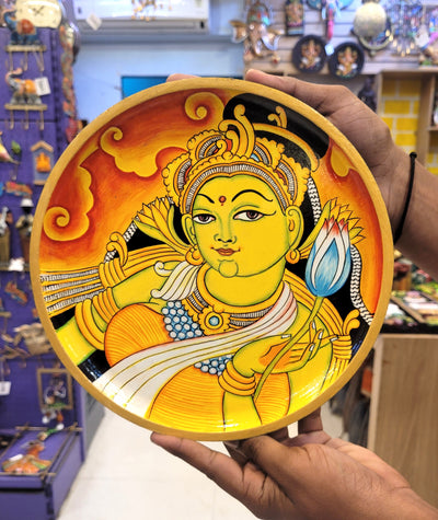 Wooden Pichwai Painting Wall Plate Hand Painted Kerala Mural Style Multicolour 10 Inch Design 9 Solid Wood Indian Handicrafts (10H x 10L x 1W Inches)