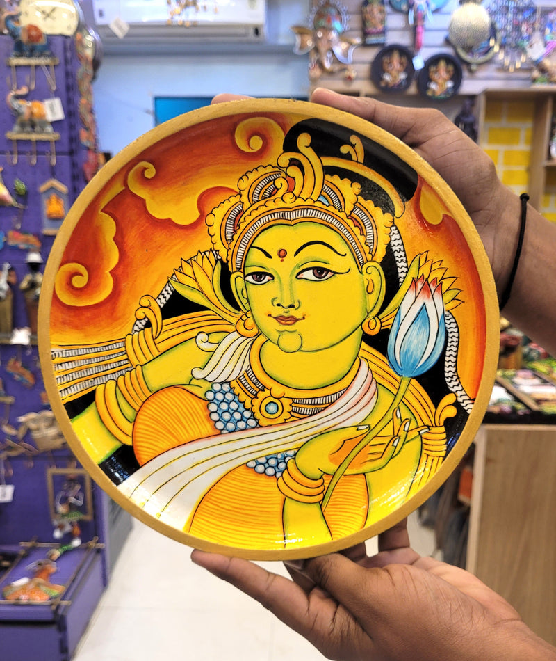 Wooden Pichwai Painting Wall Plate Hand Painted Kerala Mural Style Multicolour 10 Inch Design 9 Solid Wood Indian Handicrafts (10H x 10L x 1W Inches)