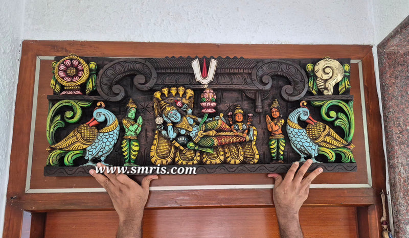 Lord Ranganathar With Namam Sangu Chakkaram & Annam Wooden Wall Panel  36.5 Inch Wall Hanging Mahogany Wood Carving Traditional Chettinad Indian Handicrafts (15H x 36.5L x 2W Inches)