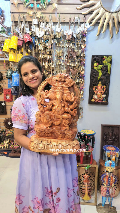 Lord Ganesha Three Face Vinayagar Wooden Statue Sculpture Idol Pooja Idol Table Decor Mahogany Wood Carving Traditional Chettinad Indian Handicrafts (20H x 13.5L x 5W inches)