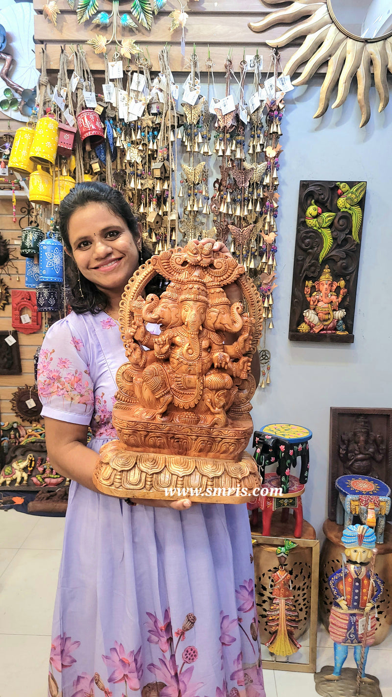 Lord Ganesha Three Face Vinayagar Wooden Statue Sculpture Idol Pooja Idol Table Decor Mahogany Wood Carving Traditional Chettinad Indian Handicrafts (20H x 13.5L x 5W inches)
