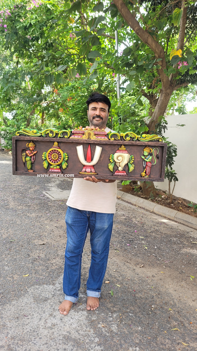 Wooden Namam Sangu Chakram With Garudan And Hanuman Wooden Wall Panel Frame Wall Hanging (12H* 36.5L* 2W Inches )