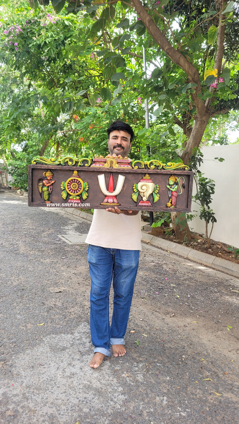 Wooden Namam Sangu Chakram With Garudan And Hanuman Wooden Wall Panel Frame Wall Hanging (12H* 36.5L* 2W Inches )