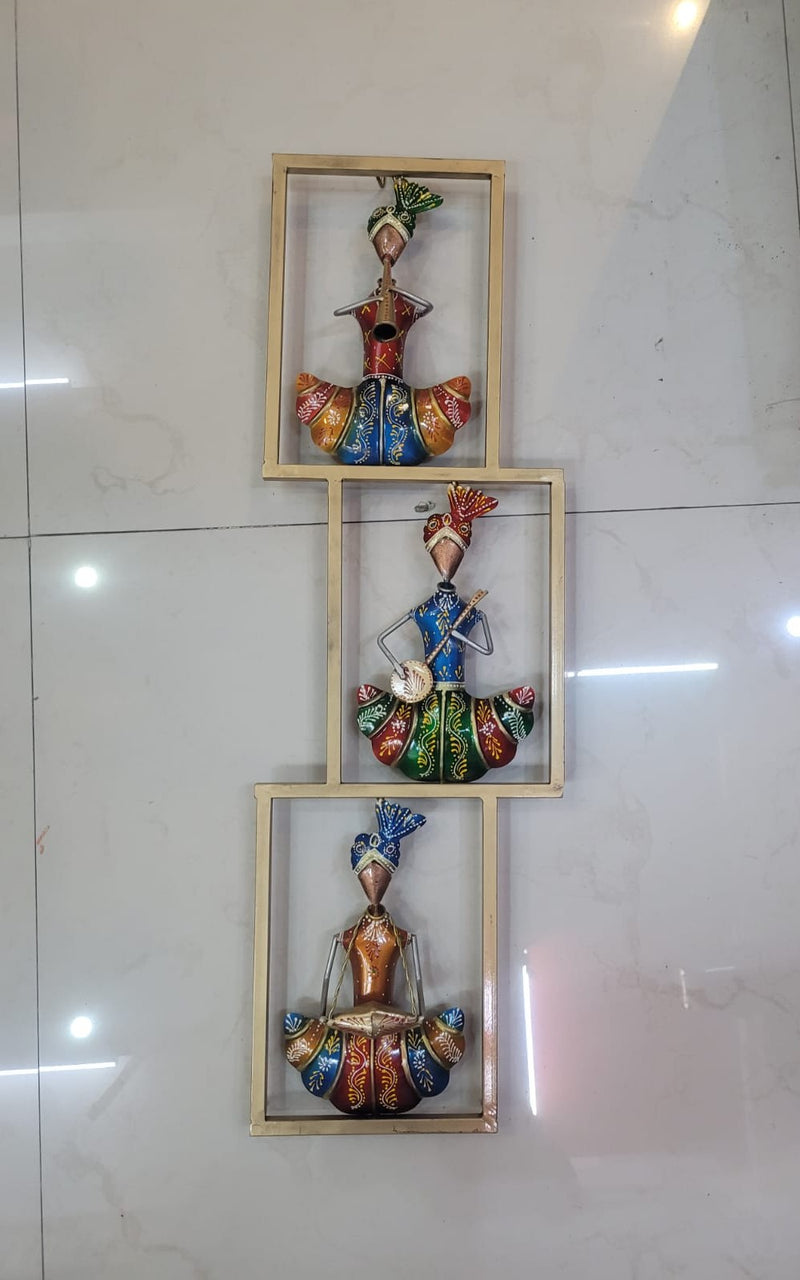 Vertical Three Rajasthani Musician Men Sitting Frame small New color (Red, Blue, Yellow) (28 H * 9 L * 2 W) inches