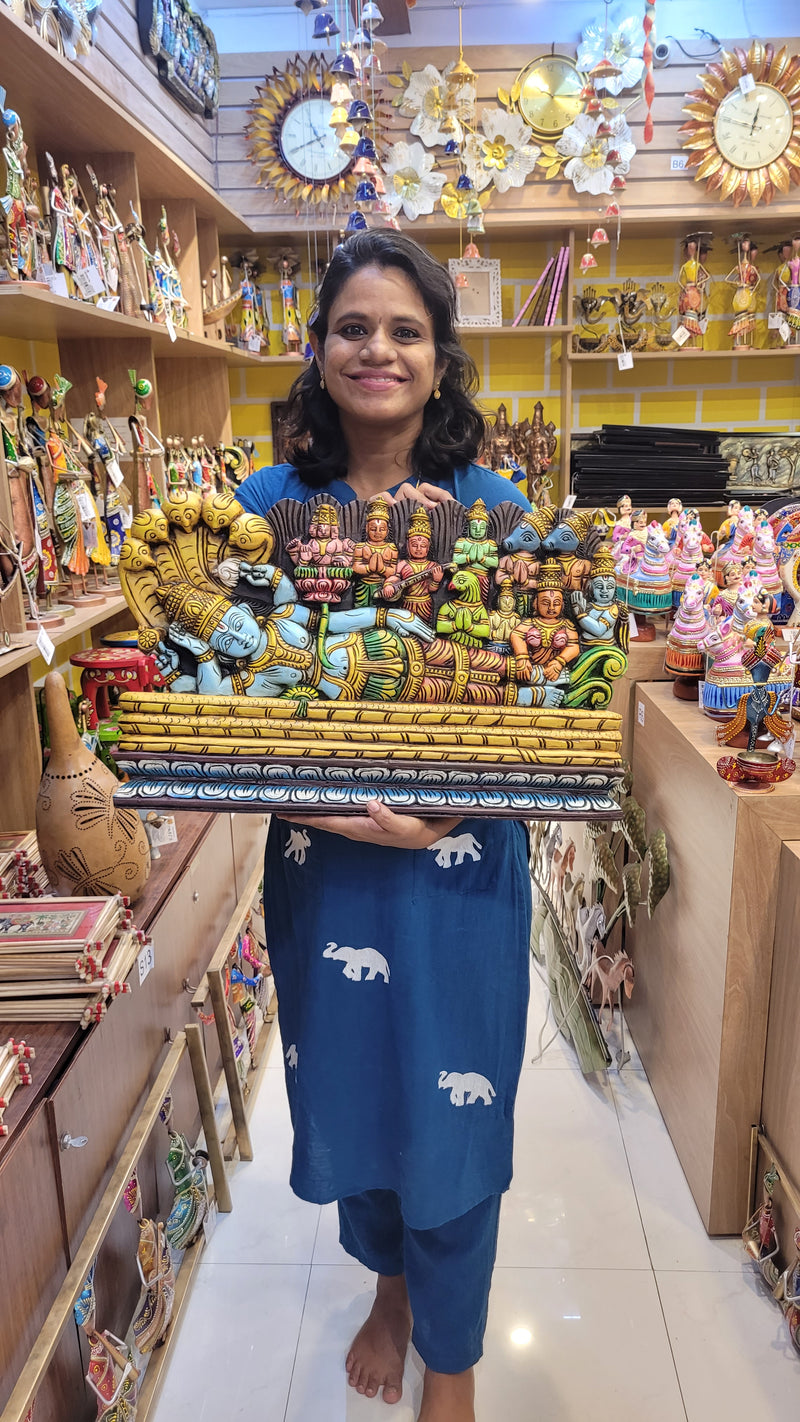 Ananthasayanam Ranganathar Perumal Vishnu Wooden Carving Indian Handicrafts Srirangam Temple wall decor Tamilnadu Handicrafts (15 H x 24 L x 2 W inches)