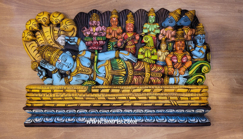 Ananthasayanam Ranganathar Perumal Vishnu Wooden Carving Indian Handicrafts Srirangam Temple wall decor Tamilnadu Handicrafts (15 H x 24 L x 2 W inches)